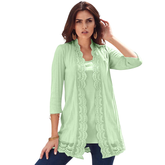 Green Mint Crochet Trim Pointelle Cardigan PSW-9598