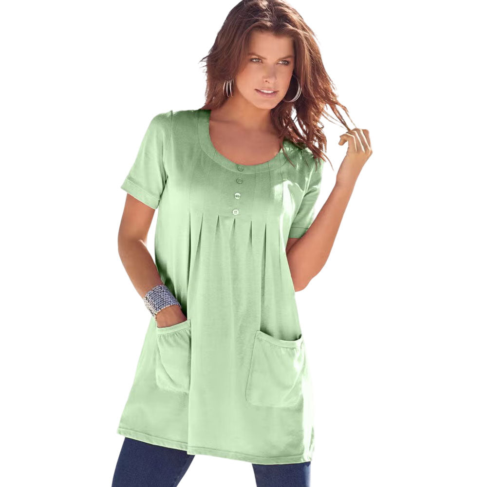 Mint green knit tunic with two front pockets and relaxed fit