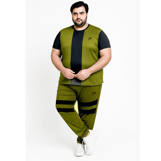 Plus Size PowerStride Olive Black Panel Tracksuit PSM-9350