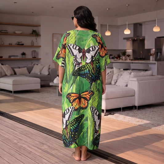 Green Butterfly Print Maxi Kaftan in lightweight polyester with a flowing silhouette and elegant butterfly pattern.