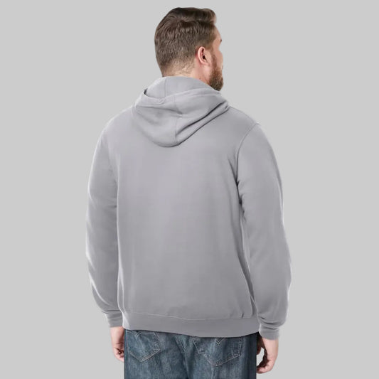 Grey fleece pullover hoodie with big and tall fit, front pouch pocket, ribbed cuffs, and adjustable drawstring hood on a plain background.