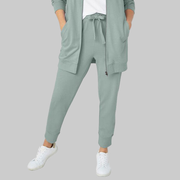 Grey Spruce French Terry Sweatpants with elastic waistband, drawstring, and ribbed cuffs — ankle-length plus size joggers for everyday wear.