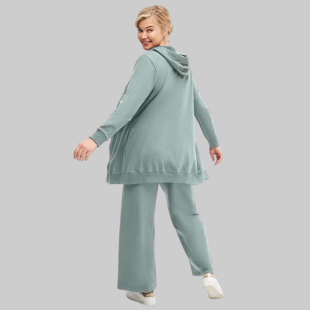 Grey Spruce French Terry Wide-Leg Pants with elastic waistband, drawstring, and front pockets — full-length relaxed fit lounge pants for women.