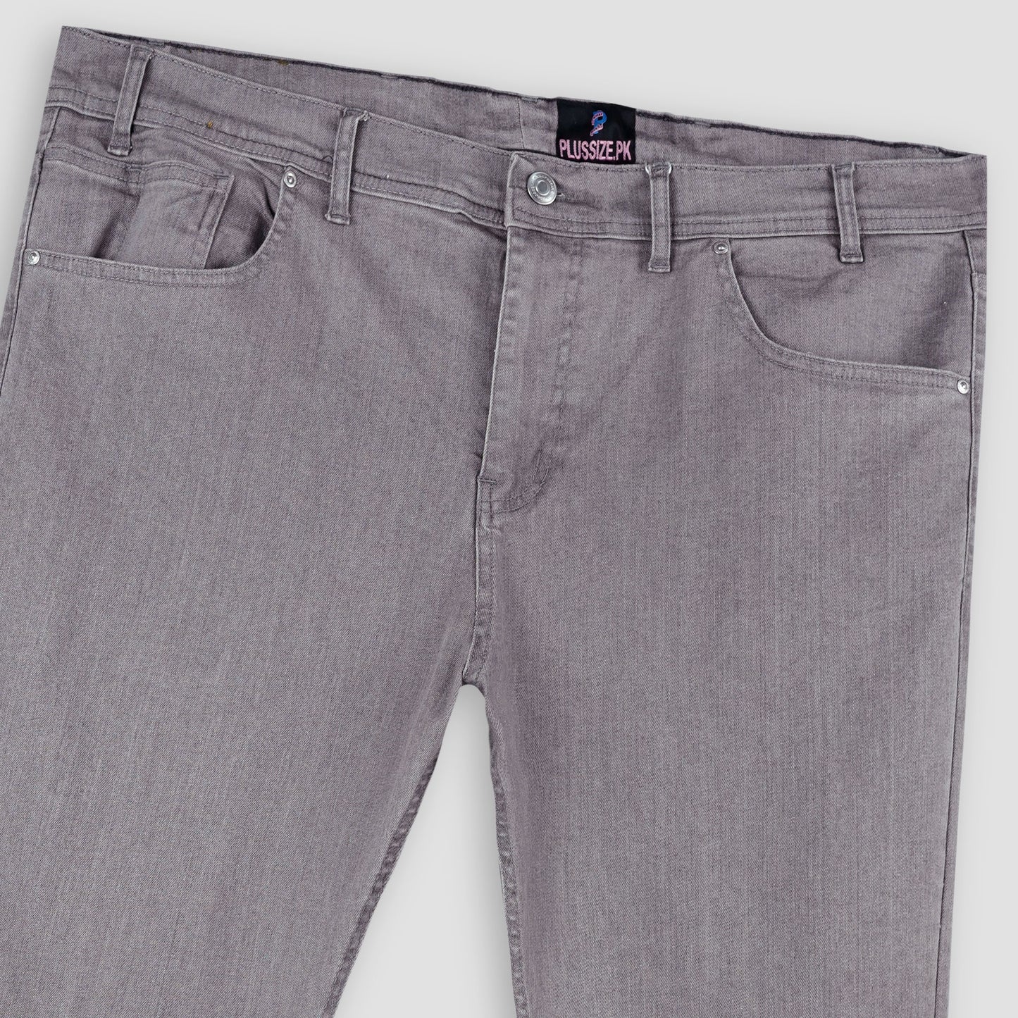 Grey Plus Size Classic Straight-Leg Jeans with a zip fly, button closure, and five-pocket design. Comfortable stretch fabric for a flattering fit.
