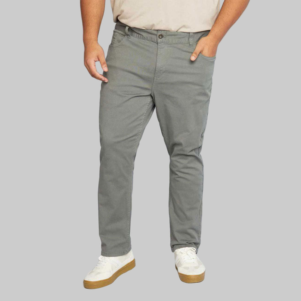 Grey plus size slim fit cotton trousers with stretch fabric, zip fly, button closure, and 5-pocket design – front view.