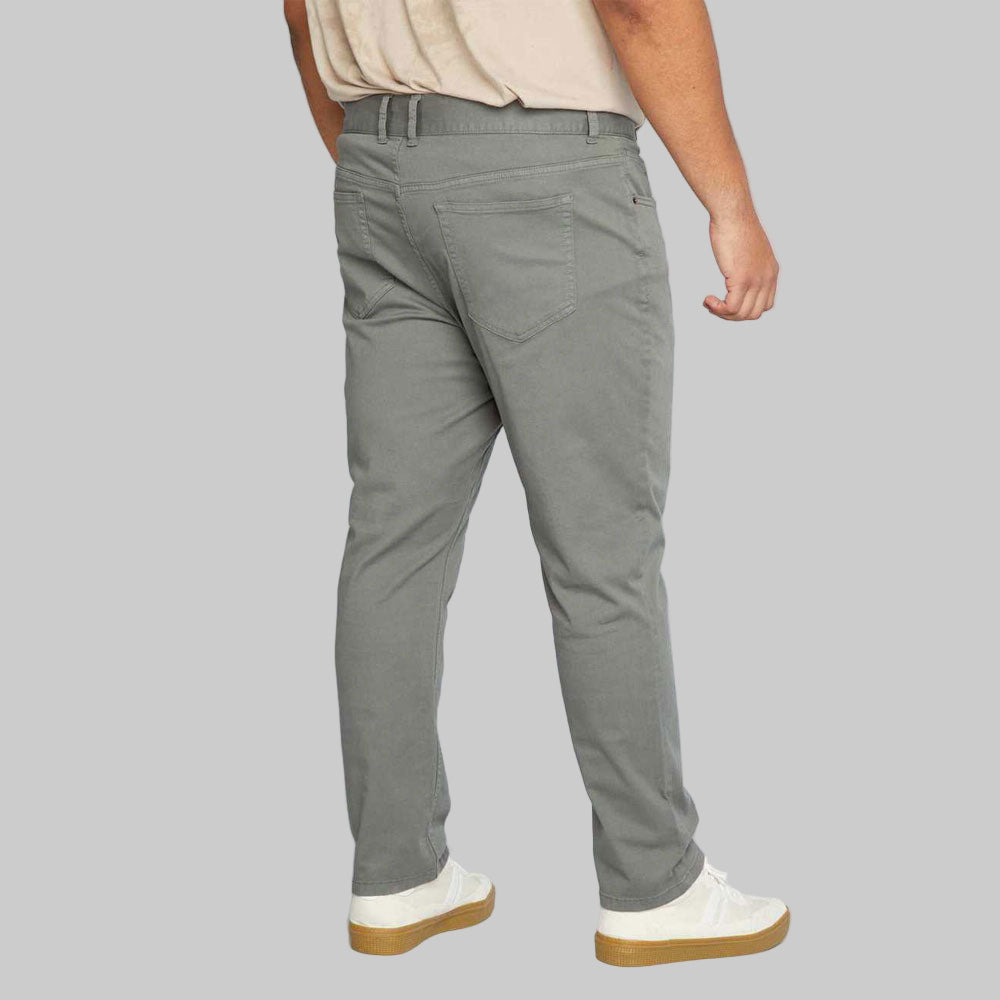 Grey plus size slim fit cotton trousers with stretch fabric, zip fly, button closure, and 5-pocket design – front view.