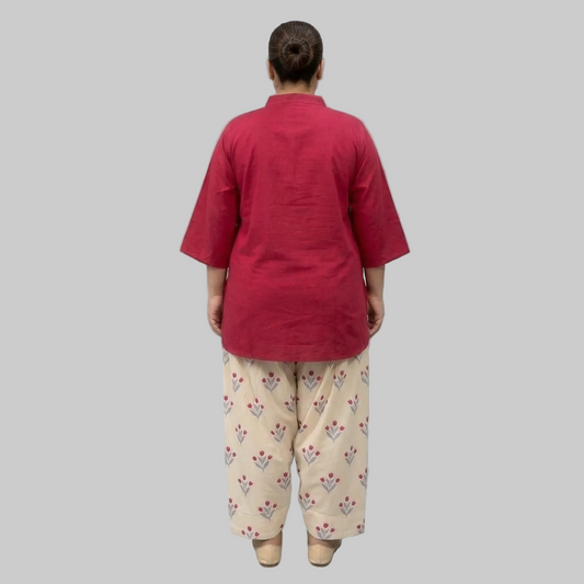 Gulnaar Farshi Shalwar Co-Ord Set Back View – Plus Size Crimson & Floral Cotton Matching Set for Women Pakistan