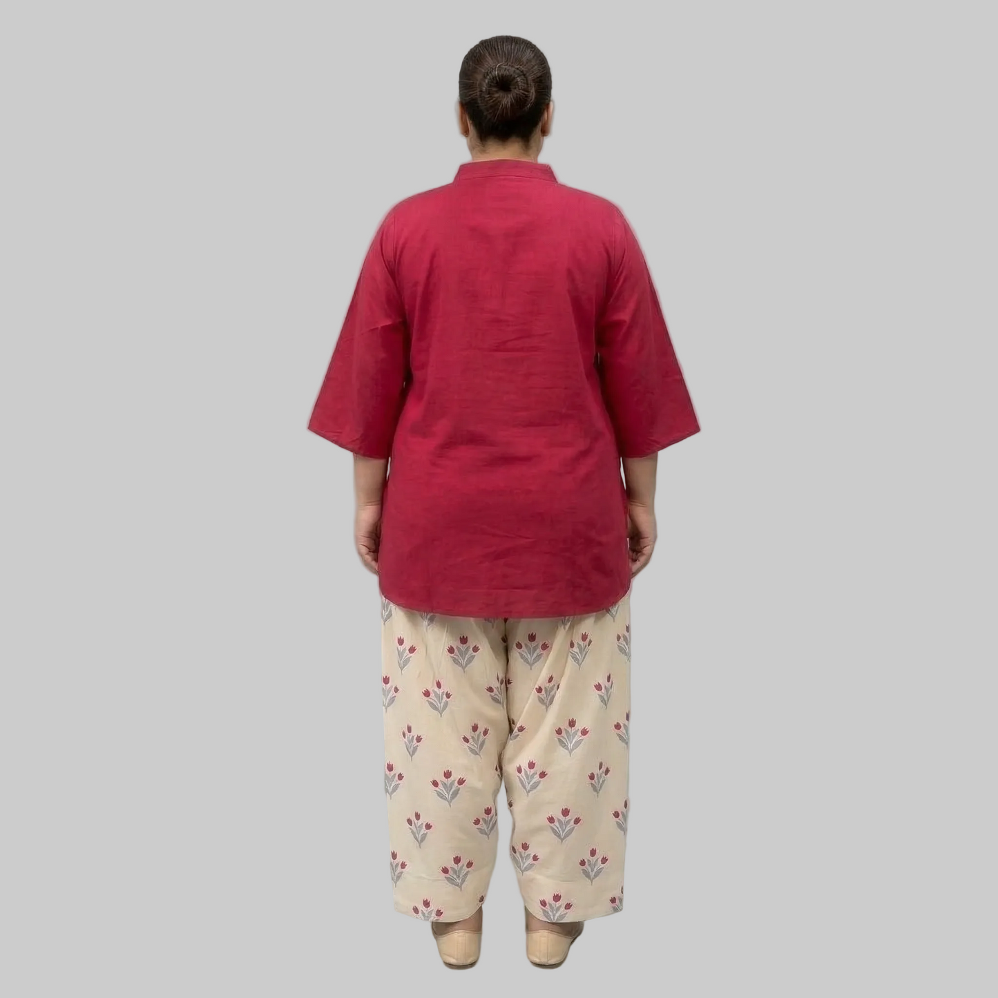 Gulnaar Farshi Shalwar Co-Ord Set Back View – Plus Size Crimson & Floral Cotton Matching Set for Women Pakistan