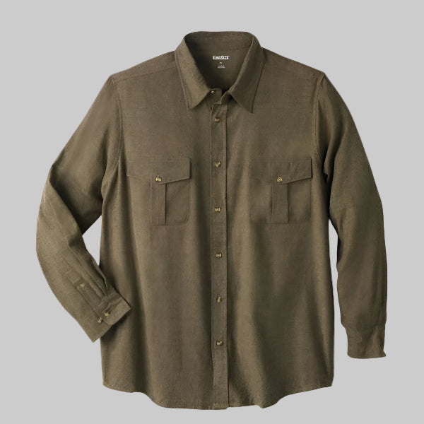 Heather black and caramel solid flannel shirt with chest pockets in Big & Tall size