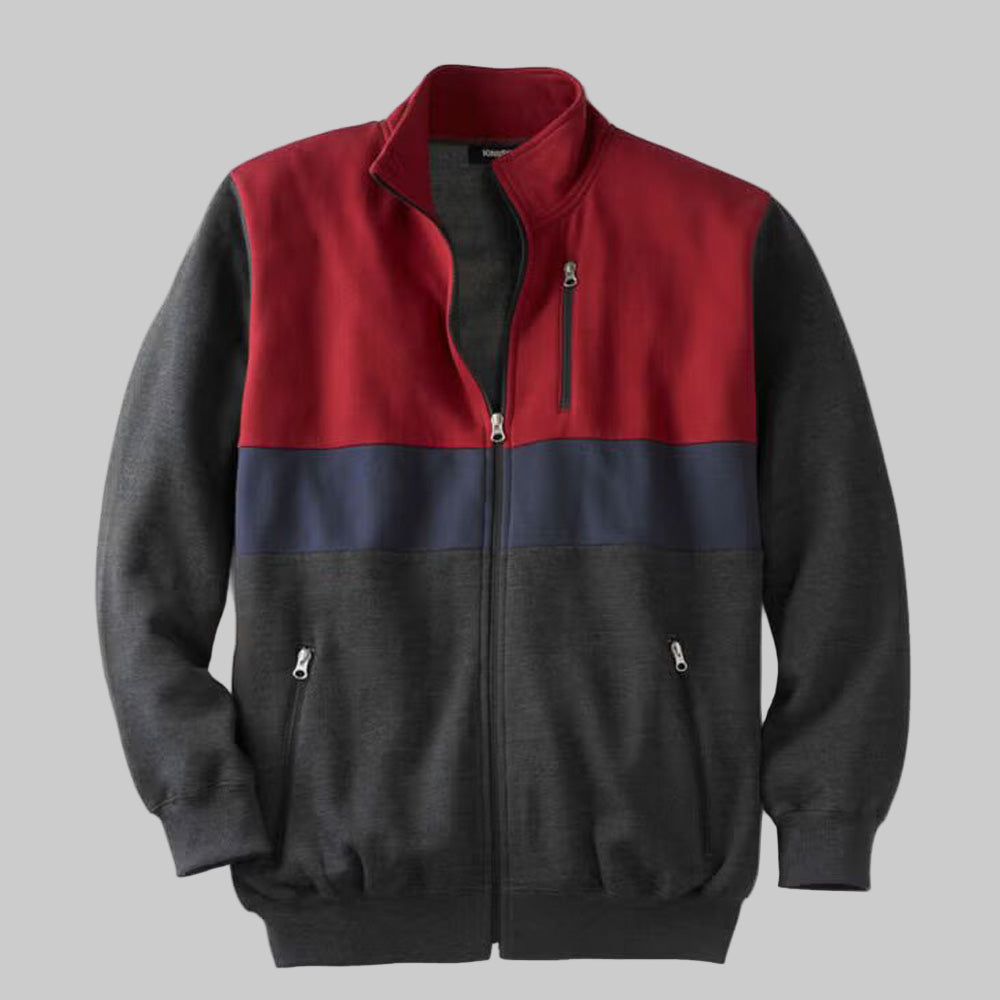 Heather charcoal colorblock full-zip fleece jacket with rib-knit trim, front zipper pockets, and soft inner lining — casual cool-weather outerwear.