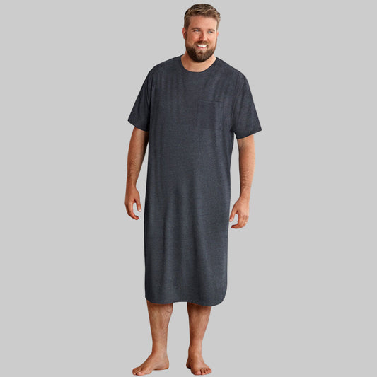 Plus size model wearing a Heather Charcoal Lightweight Short Sleeve Cotton Nightshirt with chest pocket and side vents.