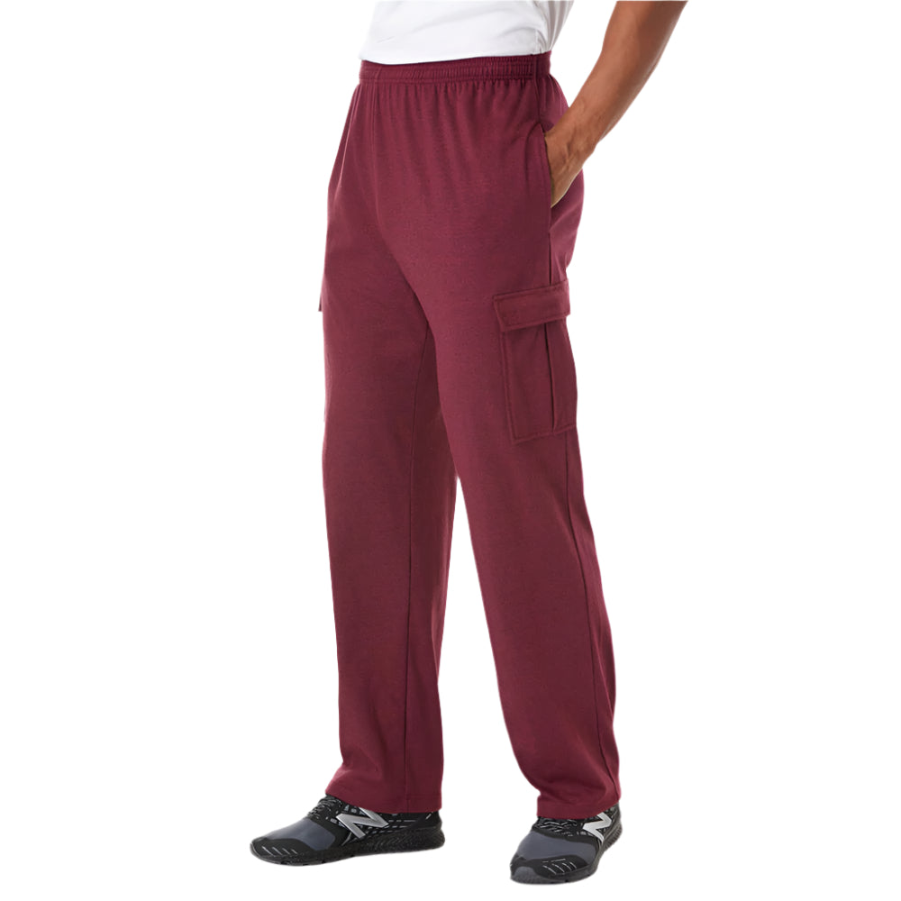 Heather deep burgundy jersey cargo pants with elastic waist and flap pockets – plus-size men’s front view
