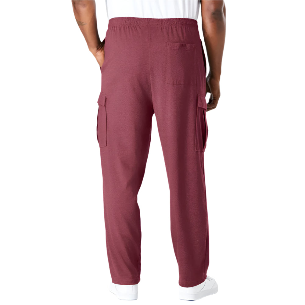 Heather deep burgundy jersey cargo pants with elastic waist and flap pockets – plus-size men’s front view