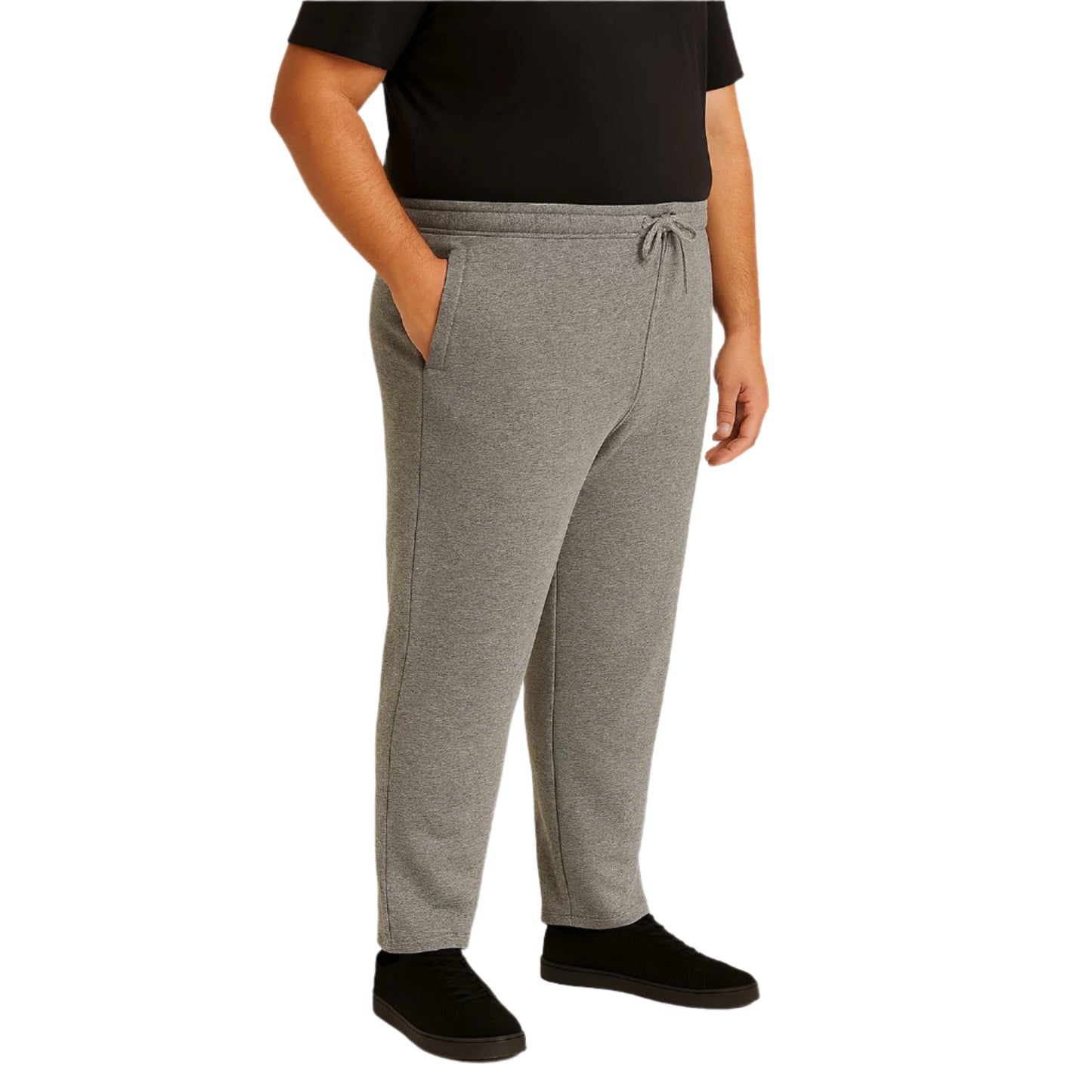 Heather grey fleece open bottom trouser for plus size men with relaxed fit and drawstring waist