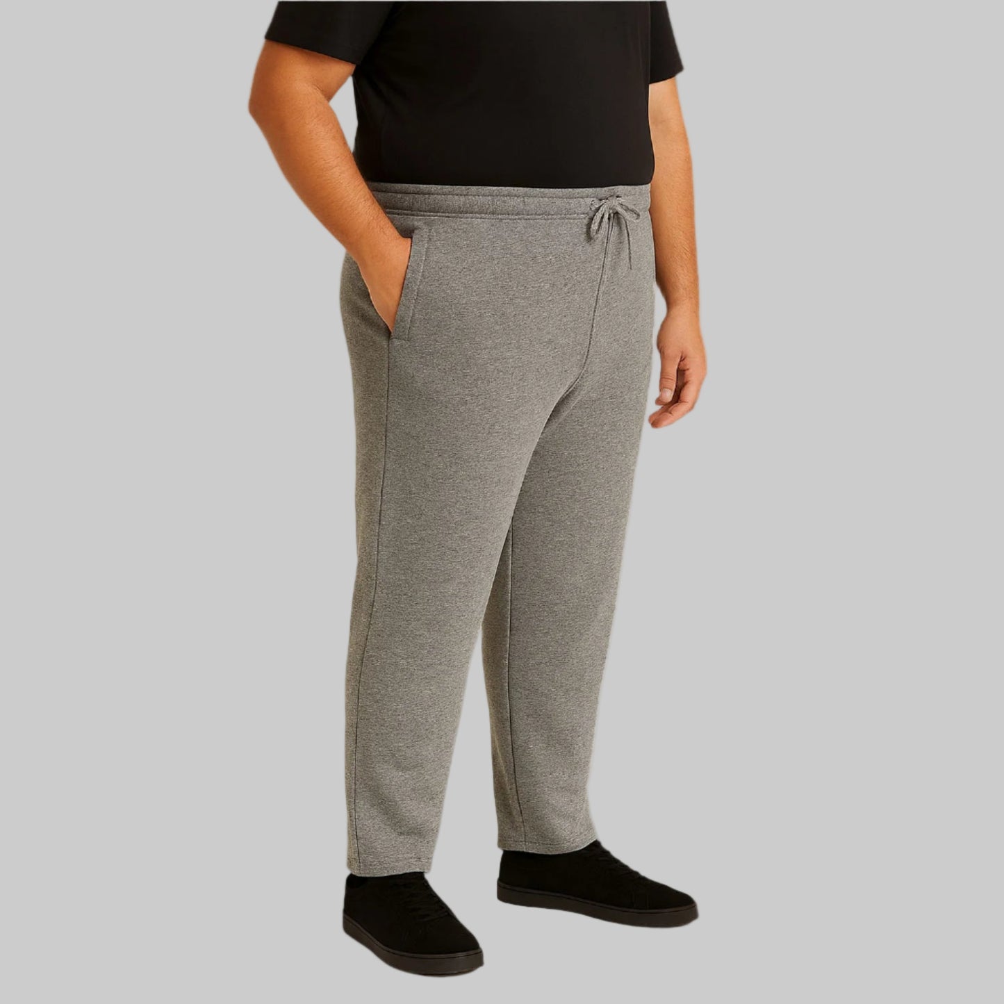 Heather grey fleece open bottom trouser for plus size men with relaxed fit and drawstring waist