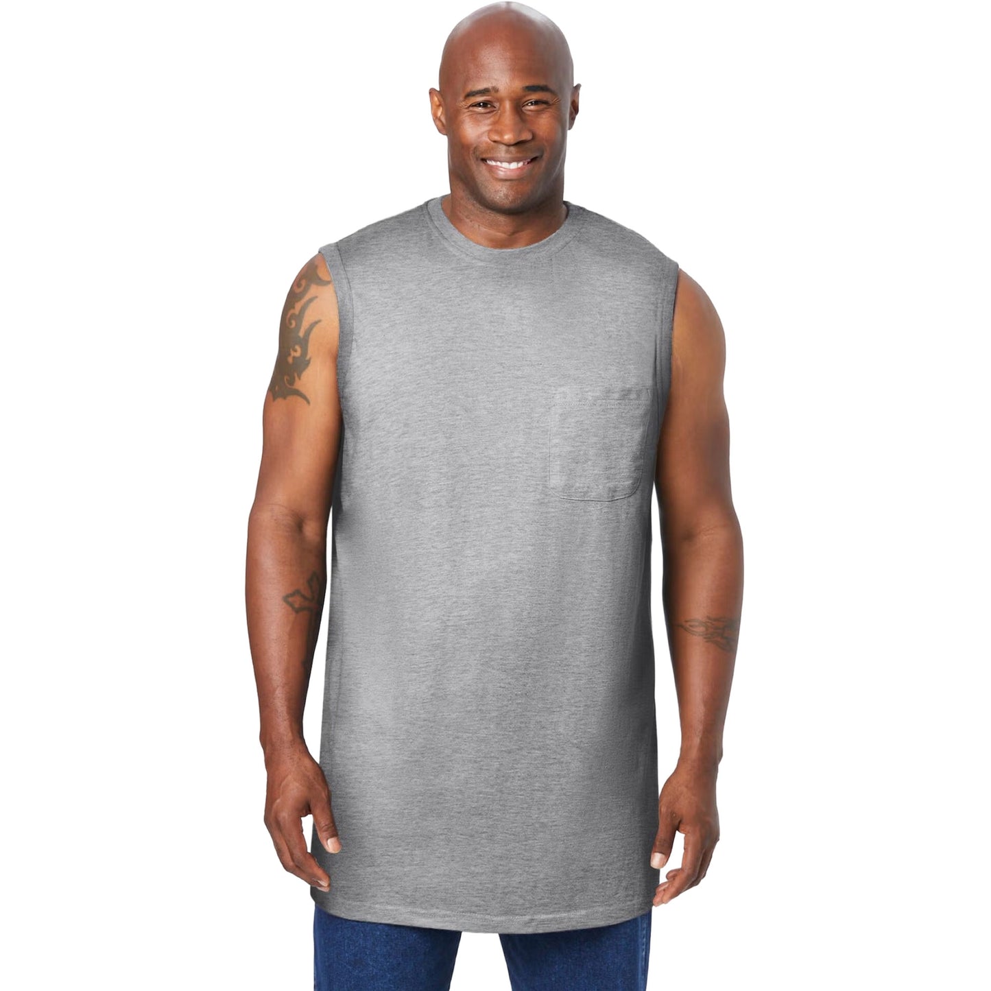 Heather grey lightweight muscle tee with chest pocket and sleeveless design