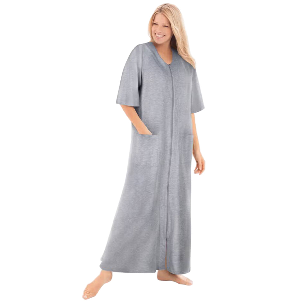 Flat-lay of Heather Grey Zip-Front Robe on neutral background