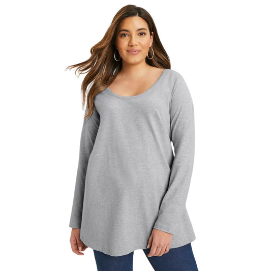 Plus-size woman wearing Heather Grey Long-Sleeve Swing Tunic