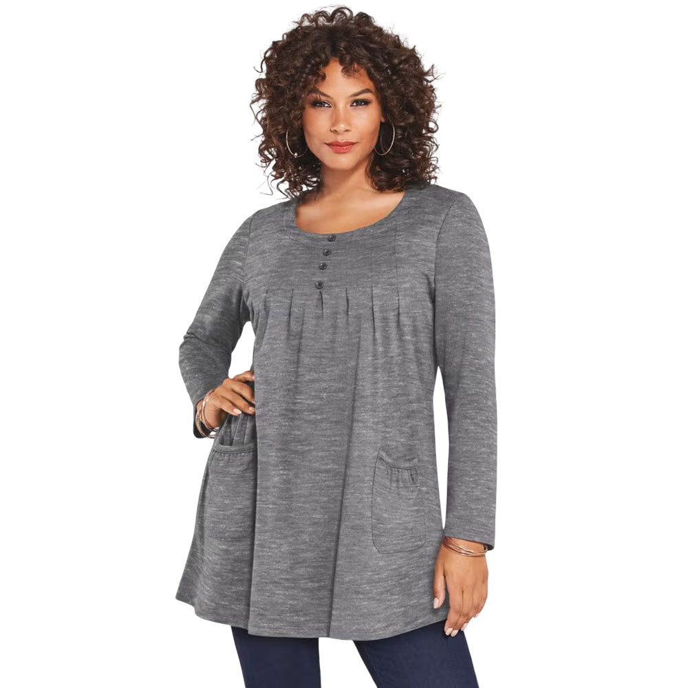 Heather grey women’s long sleeve tunic with two front pockets