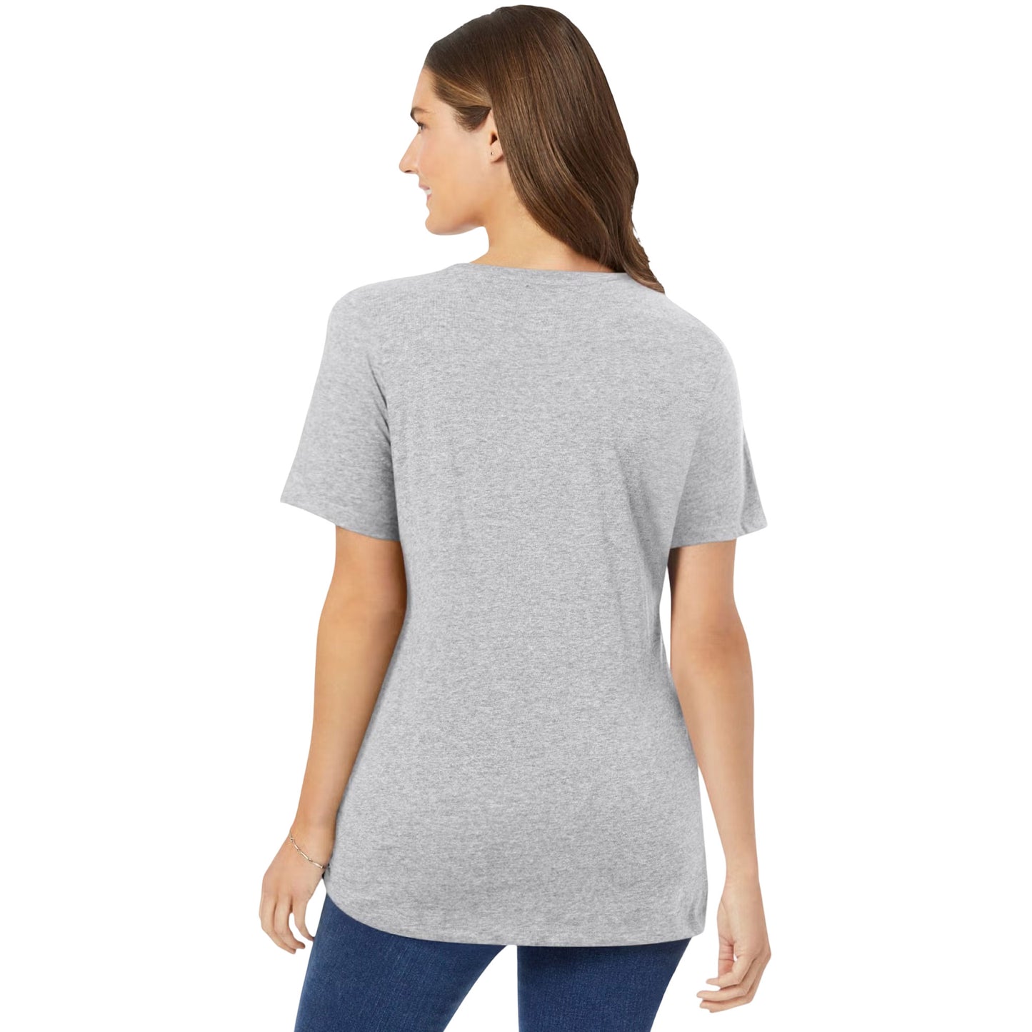 Plus-size model wearing Heather Grey Perfect Short-Sleeve V-Neck Tee