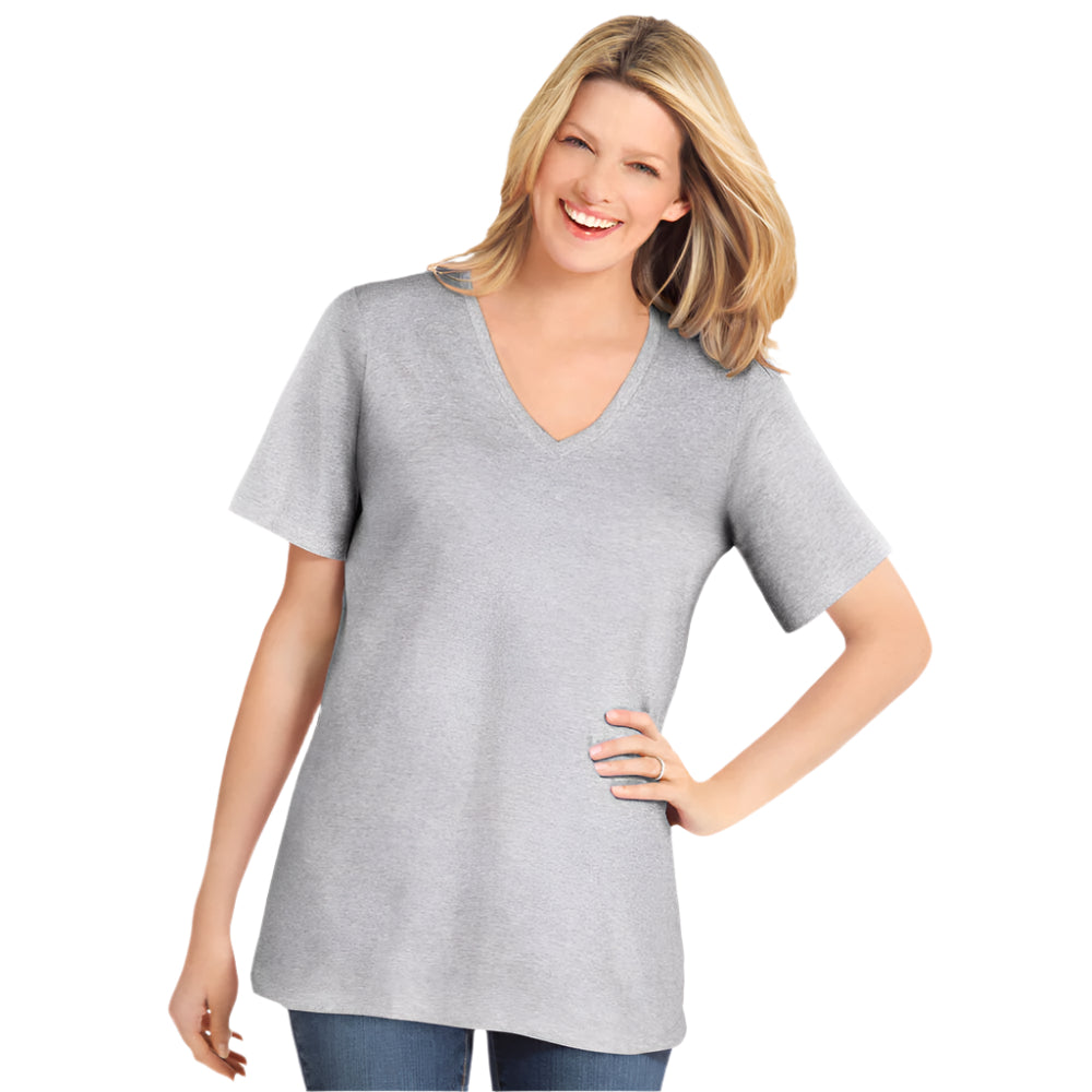 Plus-size model wearing Heather Grey Perfect Short-Sleeve V-Neck Tee