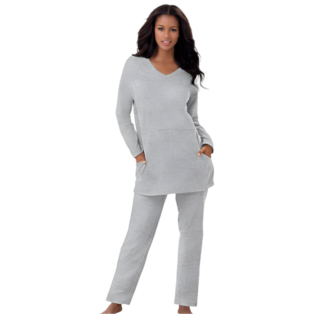 Heather Grey Plus Size Women’s 2-Piece Lounge Set with long-sleeve top and matching pants, styled for comfort and relaxed everyday wear.