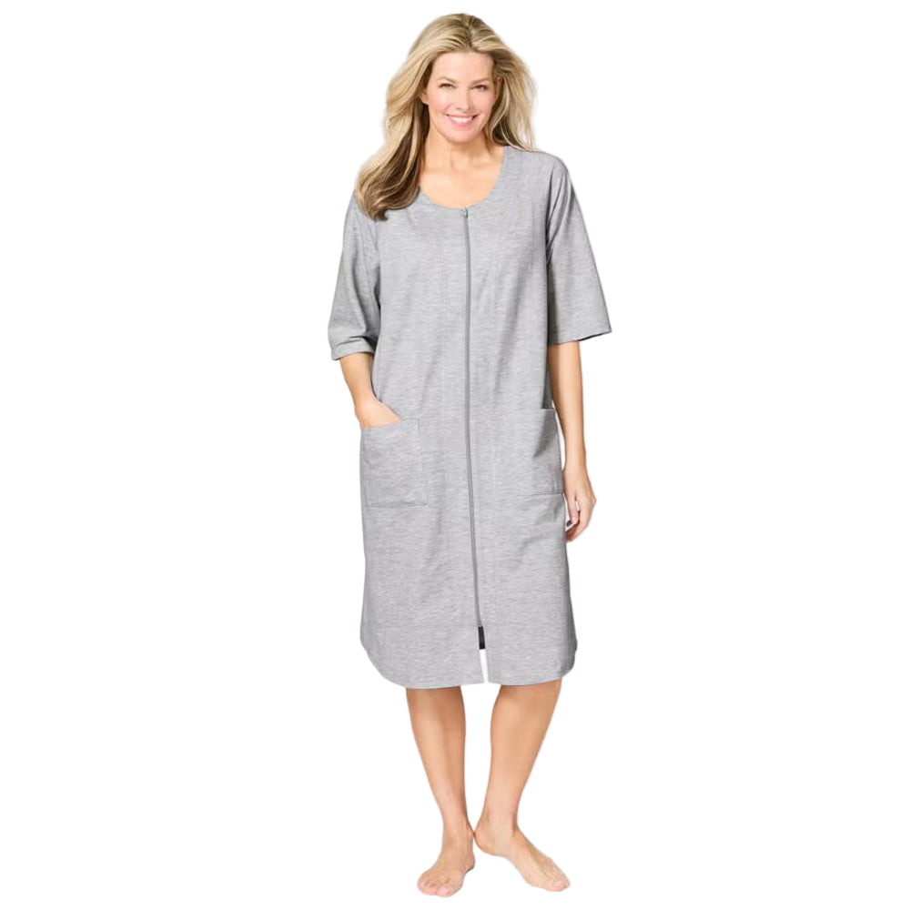 Flat-lay of Heather Grey French Terry Zip-Front Robe on neutral background