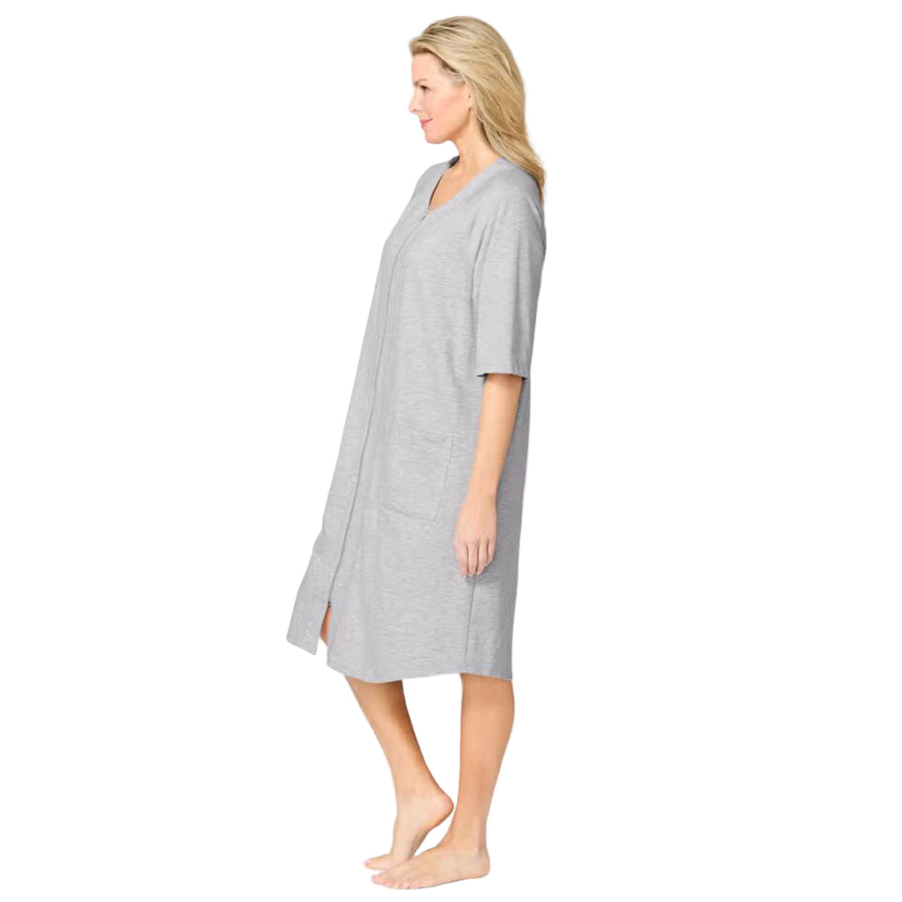 Flat-lay of Heather Grey French Terry Zip-Front Robe on neutral background