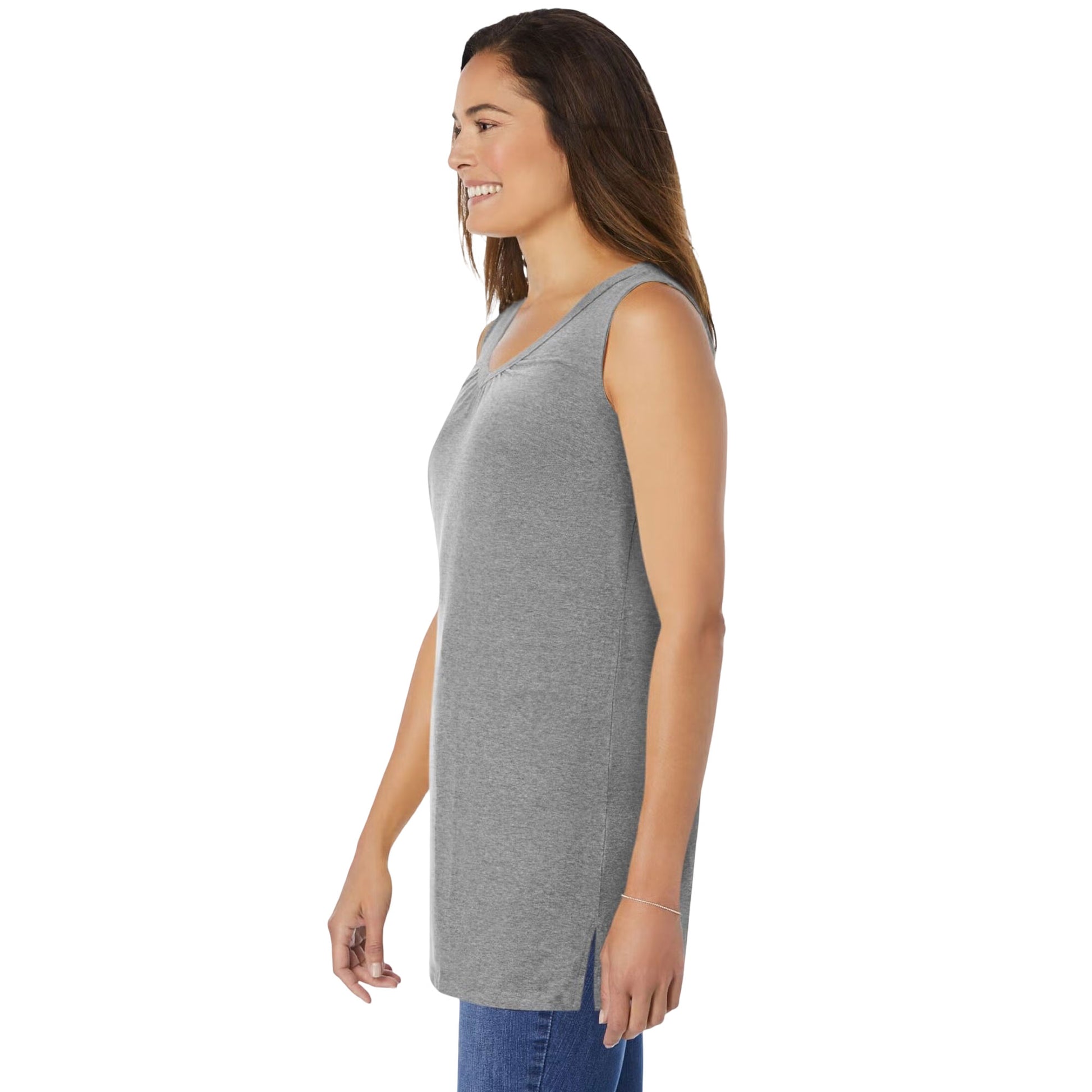 Heather Grey Sleeveless Shirred V-Neck Tunic – Soft Cotton Blend