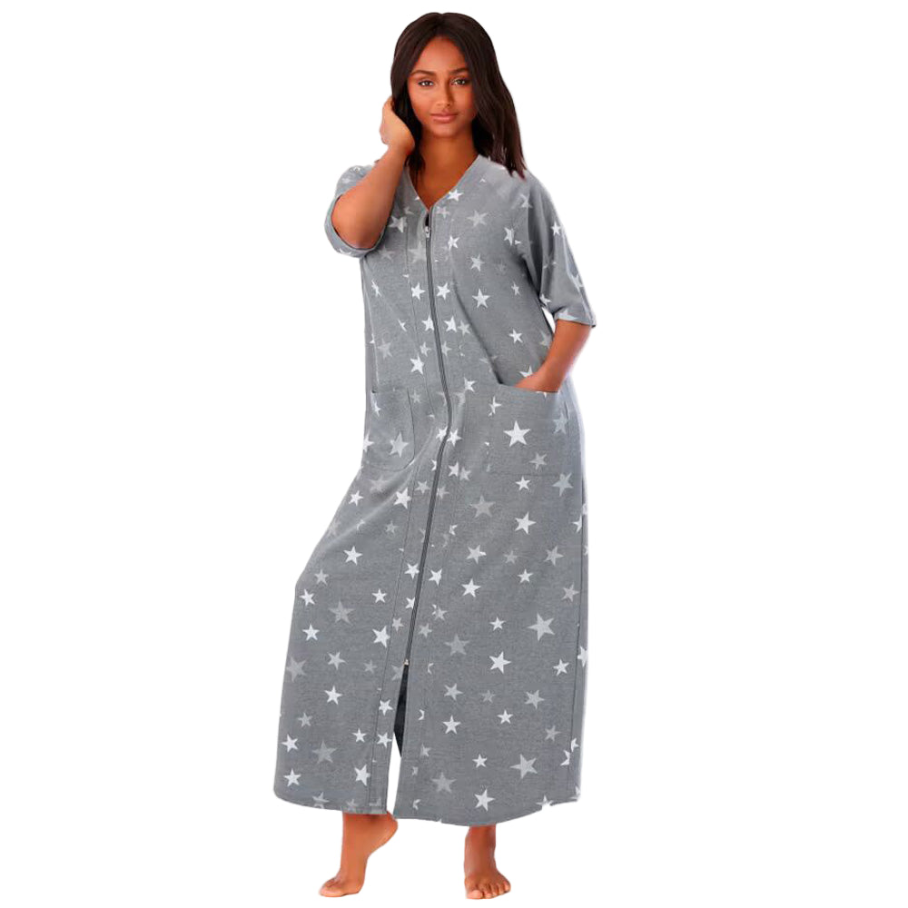Flat-lay of Heather Grey Stars Zip-Front Robe on neutral background