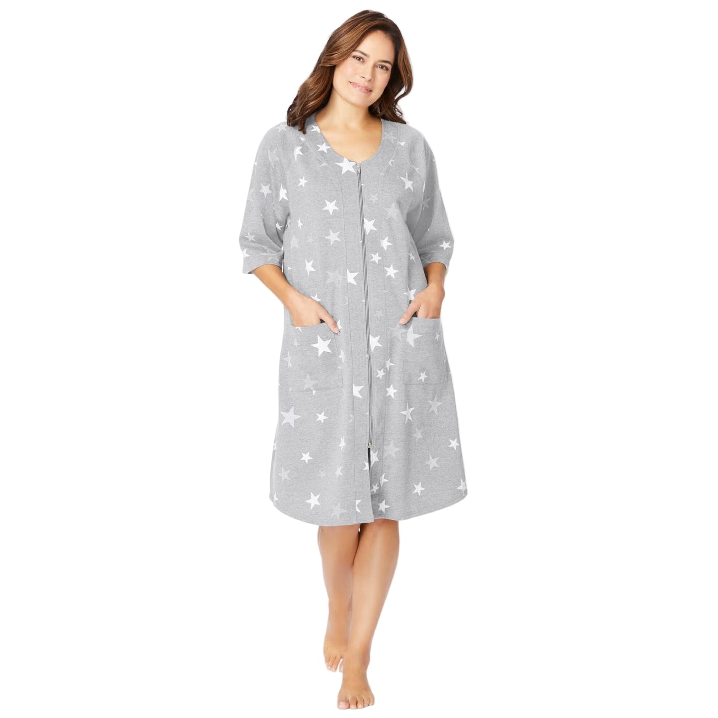 Flat-lay of Heather Grey Stars Zip-Front Robe on neutral background