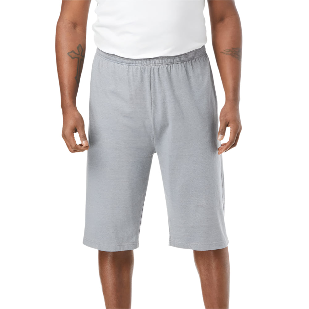 Heather gunmetal extra long jersey shorts with elastic waistband, drawstring, and side pockets — perfect for big and tall sizes.