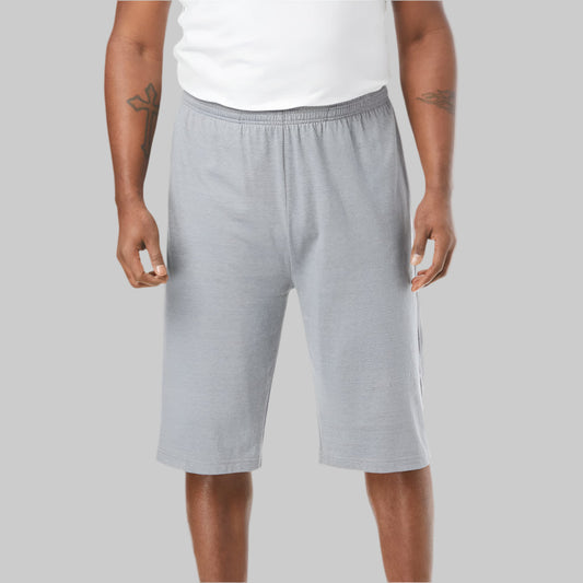 Heather gunmetal extra long jersey shorts with elastic waistband, drawstring, and side pockets — perfect for big and tall sizes.