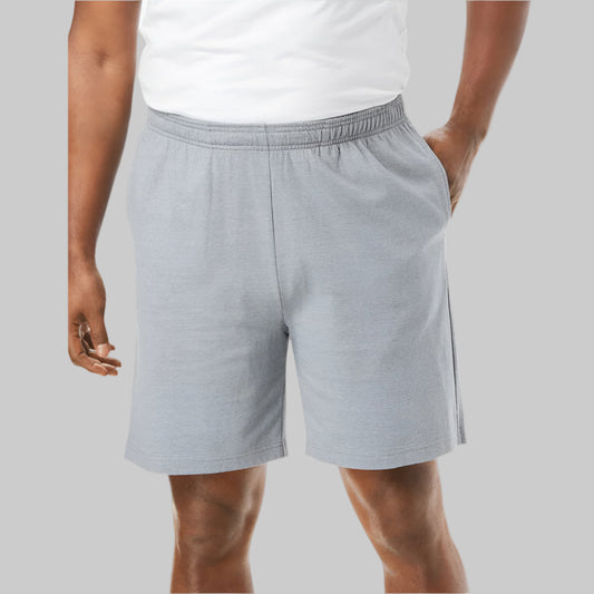 Heather Gunmetal Lightweight Jersey Shorts with an elastic waistband, drawstring, and side pockets. Available in sizes S to 10XL.