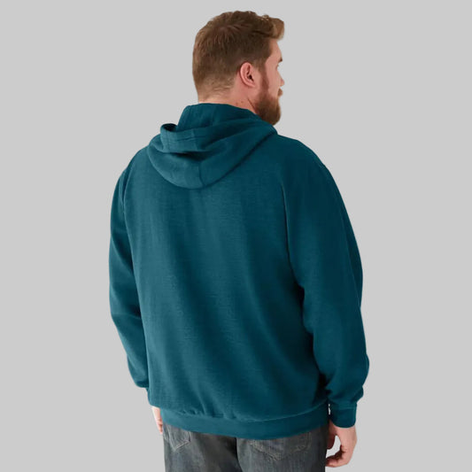 Heather midnight teal fleece zip-front hoodie with relaxed fit and drawstring hood, front view