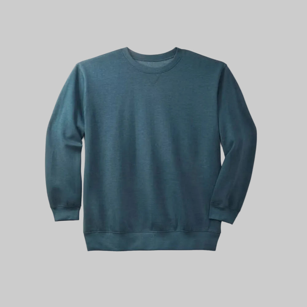 Heather midnight teal fleece crewneck sweatshirt with relaxed big and tall fit, V-inset neckline, and soft fleece lining on a plain background.