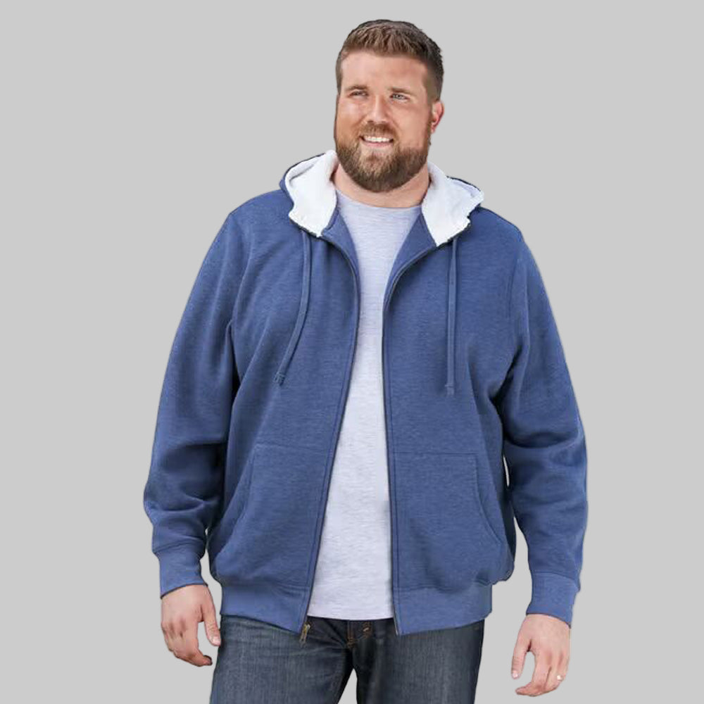Heather navy sherpa-lined fleece hoodie with drawstring hood, full zip front, and kangaroo pockets — warm and comfortable men’s outerwear.