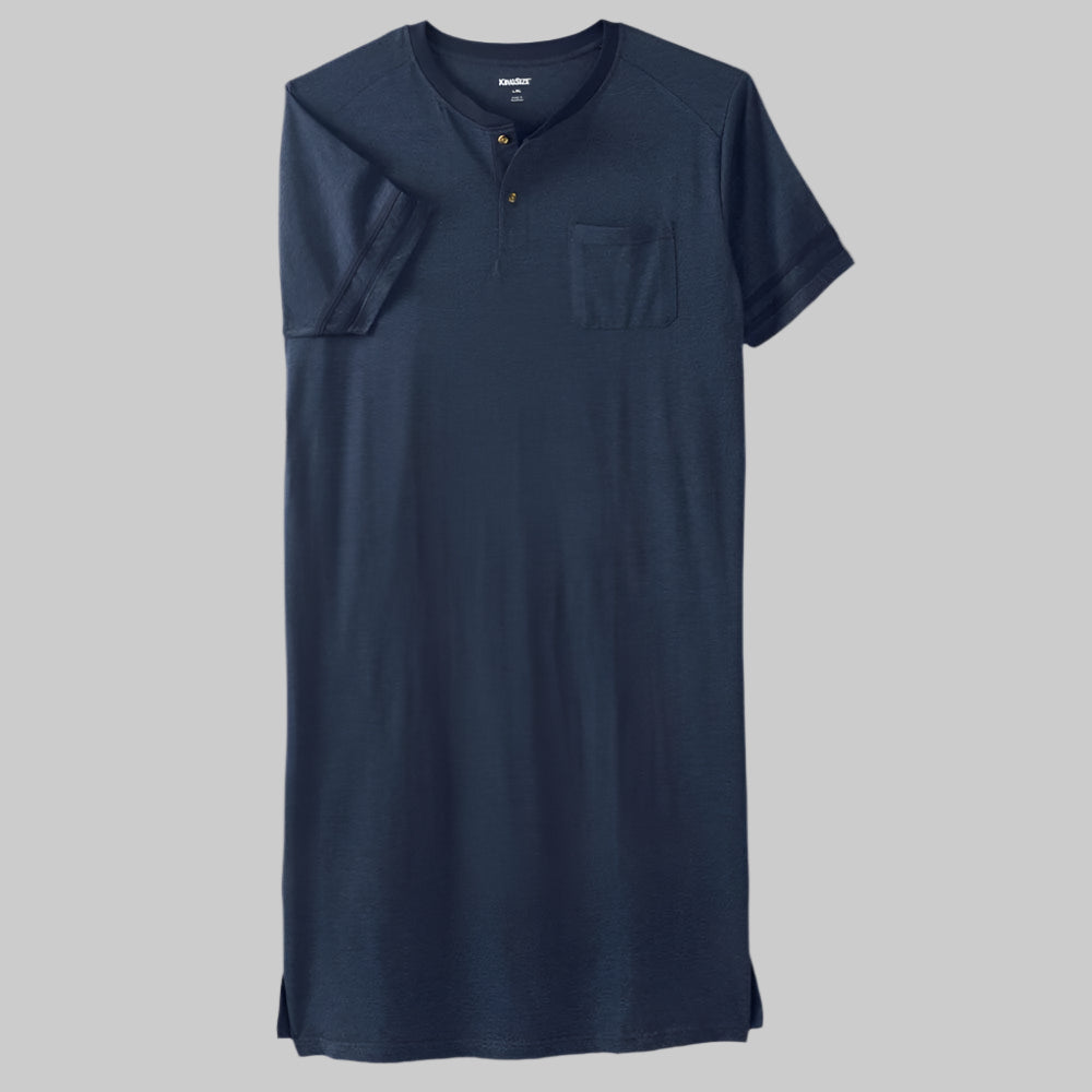 Heather navy henley nightshirt laid flat showing button placket and side slits