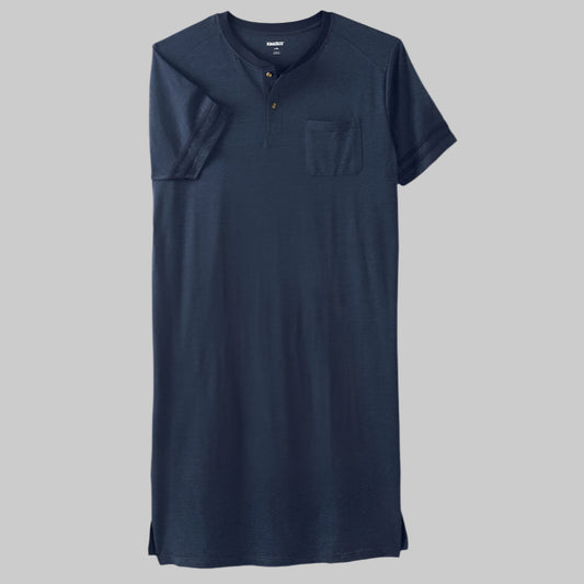 Heather navy henley nightshirt laid flat showing button placket and side slits