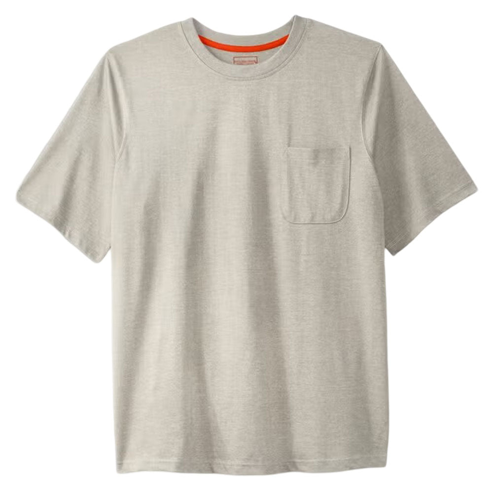 Heather oatmeal crewneck t-shirt with chest pocket and soft heathered fabric