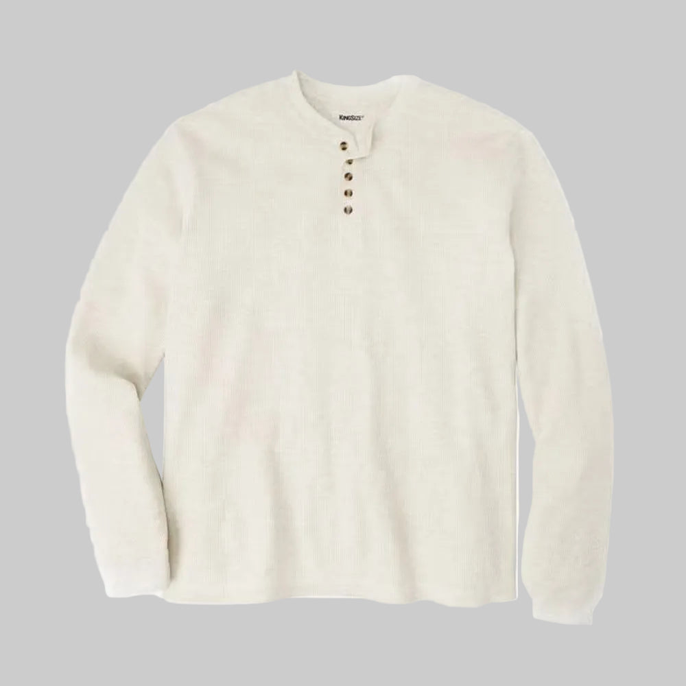 Heather oatmeal waffle knit thermal Henley shirt for men with long sleeves, button placket, and soft breathable fabric for everyday warmth.