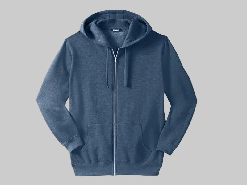 Heather slate blue fleece big and tall zipper hoodie with hood and front pockets worn by model