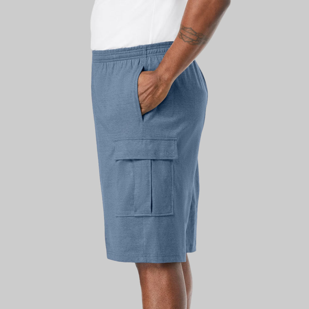 Heather Slate Blue Lightweight Jersey Cargo Shorts with Elastic Waist and Cargo Pockets – Relaxed Fit