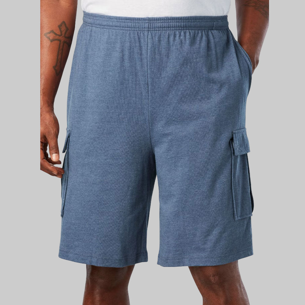 Heather Slate Blue Lightweight Jersey Cargo Shorts with Elastic Waist and Cargo Pockets – Relaxed Fit