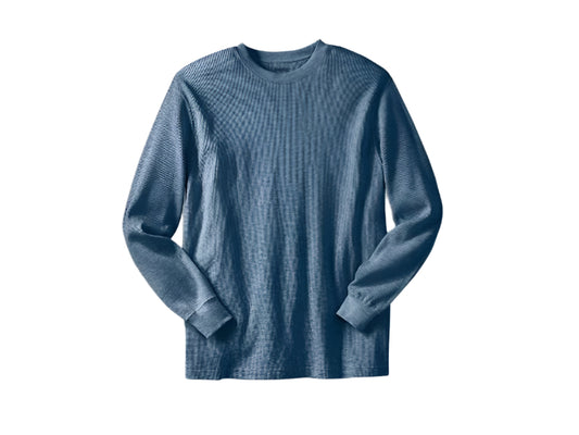 Heather slate blue waffle knit thermal crewneck t-shirt with long sleeves and soft textured fabric