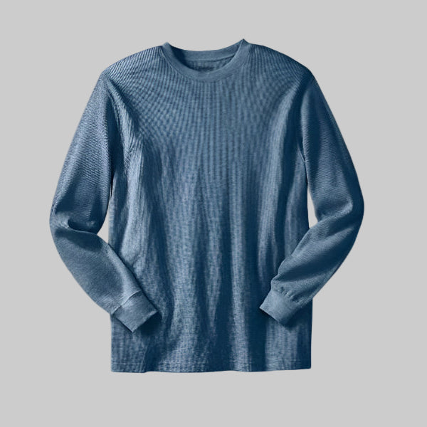 Heather slate blue waffle knit thermal crewneck t-shirt with long sleeves and soft textured fabric
