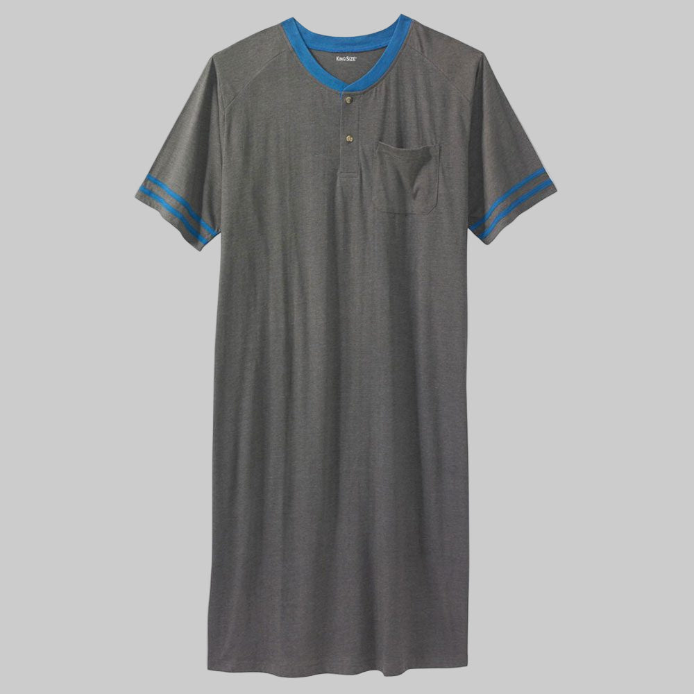 Plus size woman wearing a Heather Slate Grey Short Sleeve Henley Nightshirt with sporty striped sleeves, chest pocket, and two-button placket.