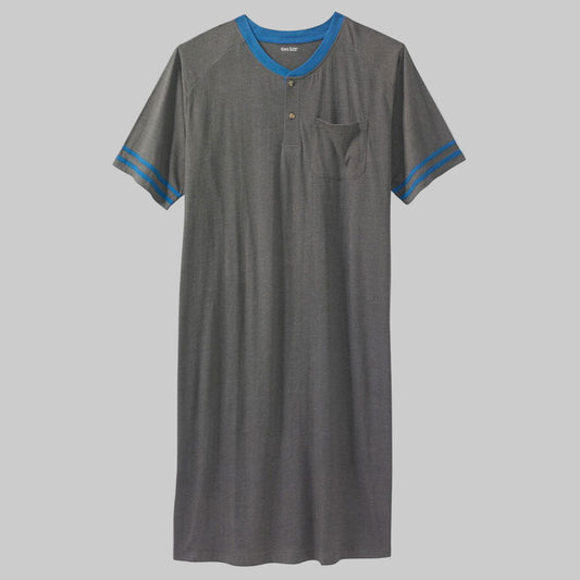 Plus size woman wearing a Heather Slate Grey Short Sleeve Henley Nightshirt with sporty striped sleeves, chest pocket, and two-button placket.