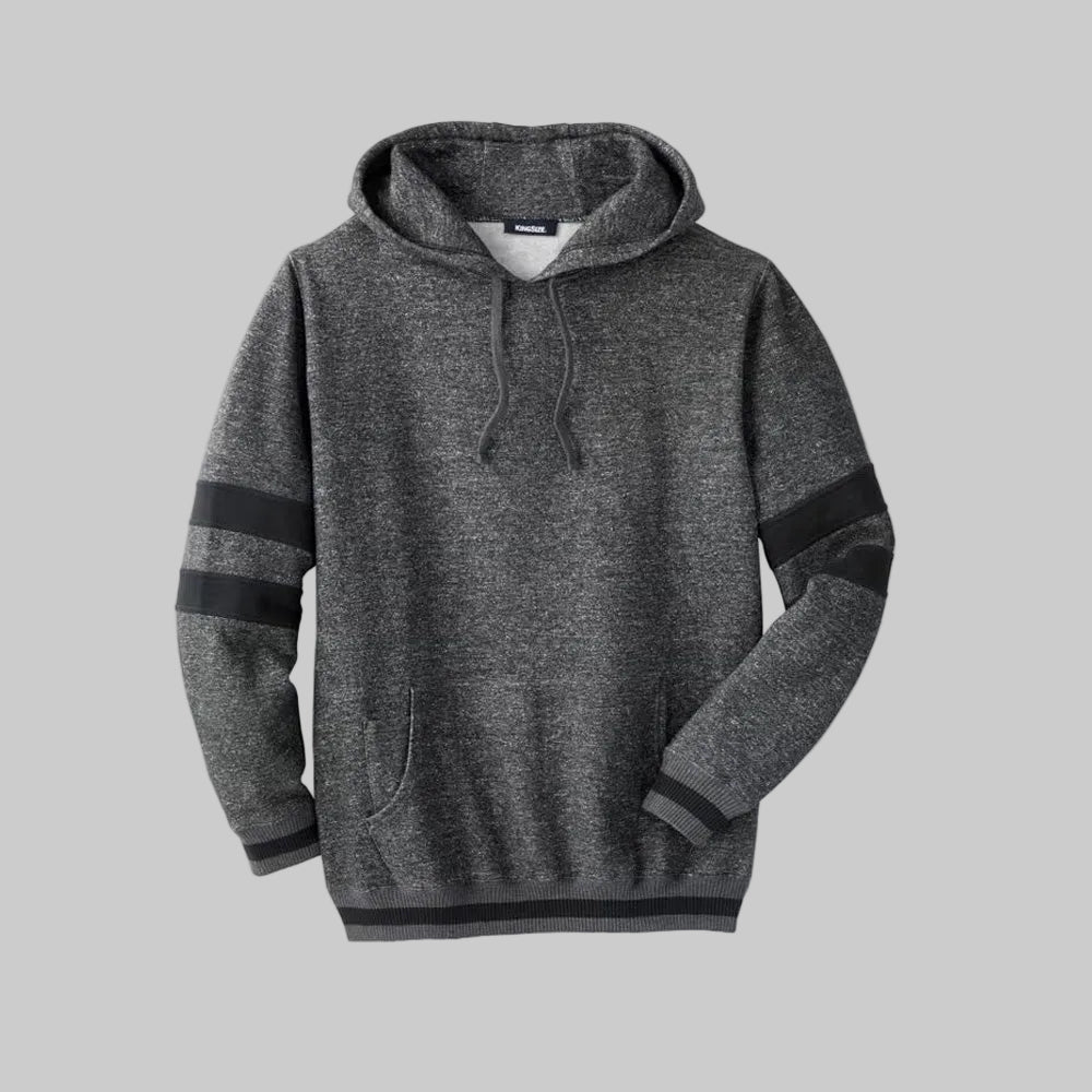 Heather slate marl colorblock pullover hoodie with big and tall fit, kangaroo pocket, ribbed cuffs, and long sleeves on a plain background.