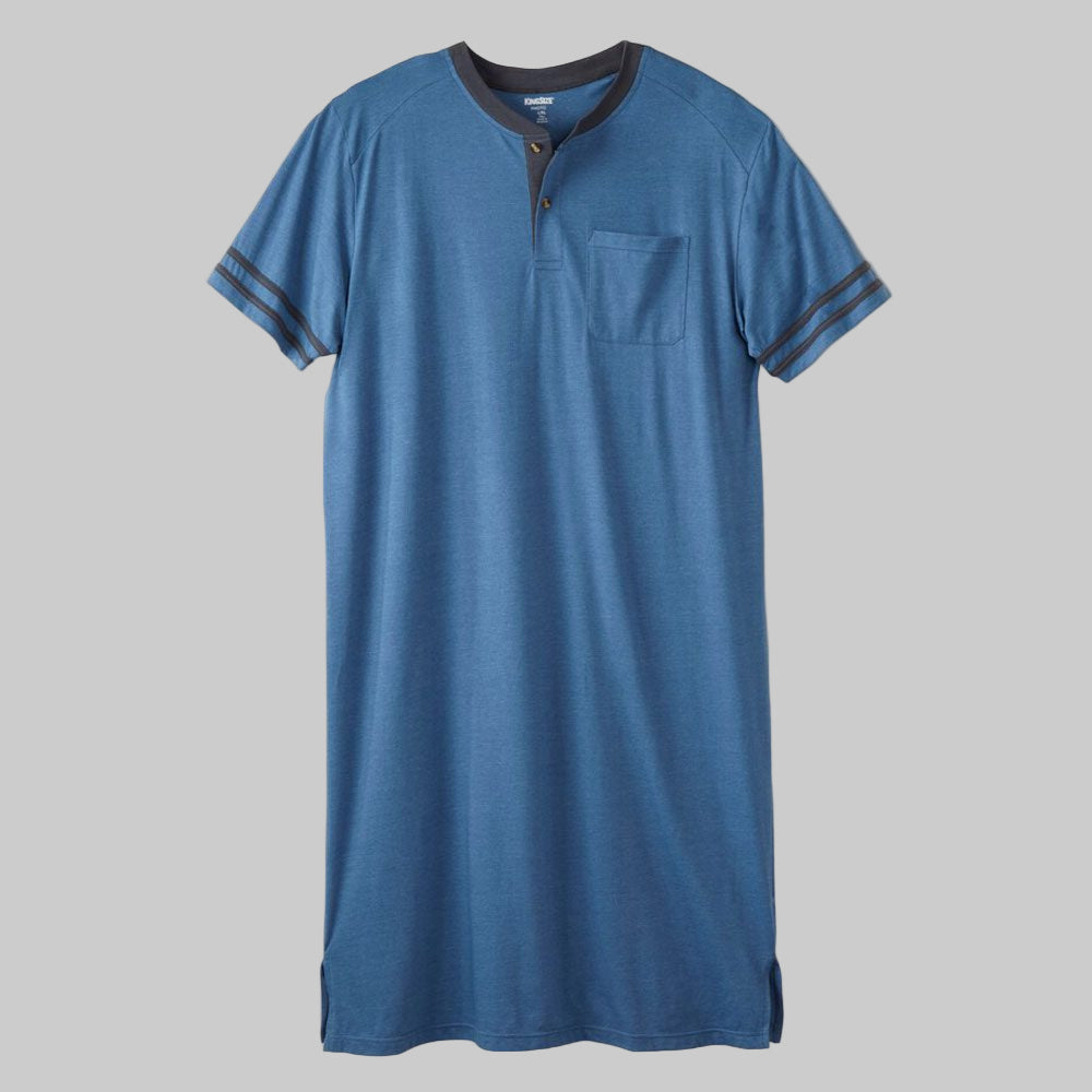 Plus size woman wearing a Heather Soft Blue Short Sleeve Henley Nightshirt with striped sleeves, chest pocket, and two-button placket.